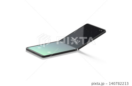 Blank turned on flexible clamshell phone display half folded mockup png, transparent background, 3d rendering. Empty flip elastic touchscreen mock up cut out. Clear flexibility smartphone device. 140782213