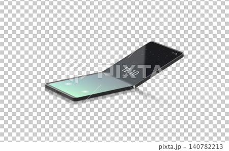 Blank turned on flexible clamshell phone display half folded mockup png, transparent background, 3d rendering. Empty flip elastic touchscreen mock up cut out. Clear flexibility smartphone device. 140782213