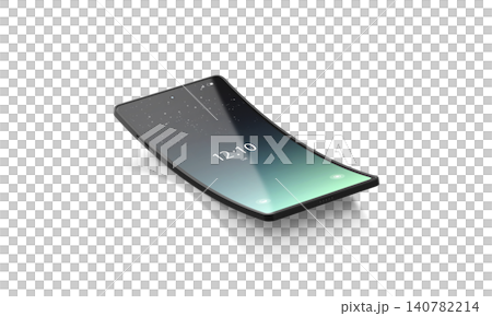 Blank black turn on phone flexible display vertical mockup png, transparent background 3d rendering. Empty smartphone with locked desktop mock up cut out. Clear digital innovation led gadget template. 140782214