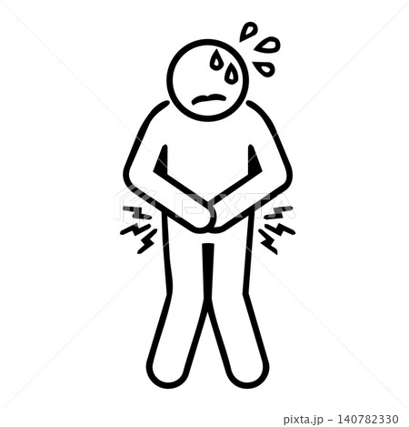 Person with severe abdominal pain and stomach cramps icon, minimalist line art of human figure sweating with digestive problem for medical and healthcare concept. Person with severe abdominal pain and stomach cramps icon, minimalist line art of human figure sweating with digestive problem for medical and healthcare concept. 140782330