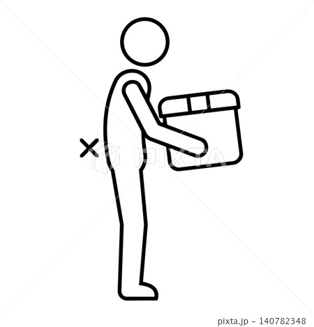 Incorrect lifting posture with back strain, minimalist line art icon of person carrying heavy box in a wrong position for occupational health and safety warning. 140782348