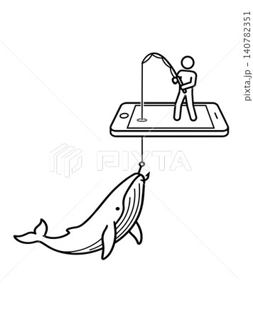 Whaling attack and mobile phishing icon, minimalist line art of cyber criminal fishing for a whale through a smartphone representing high-value target security threats. Whaling attack and mobile phishing icon, minimalist line art of cyber criminal fishing for a whale through a smartphone representing high-value target security threats. 140782351