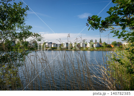 A modern housing development next to the Holmethorpe Lagoons in Mersham, Surrey, UK. Trees and reeds in the foreground. Landscape orientation. Focus on foreground. A modern housing development next to the Holmethorpe Lagoons in Mersham, Surrey, UK. Trees and reeds in the foreground. Landscape orientation. Focus on foreground. 140782385