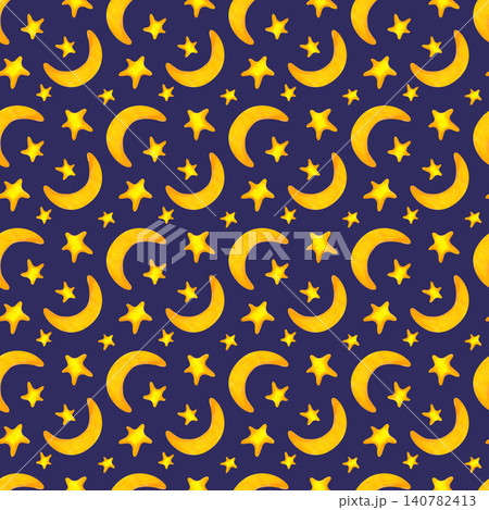 Hand-drawn colored pencil seamless pattern with yellow crescent moons and bright stars.Sky texture on a dark blue backdrop, perfect for kids nursery wallpaper, baby apparel, bedtime textiles, pajamas Hand-drawn colored pencil seamless pattern with yellow crescent moons and bright stars.Sky texture on a dark blue backdrop, perfect for kids nursery wallpaper, baby apparel, bedtime textiles, pajamas 140782413