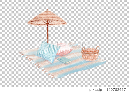 Watercolor beach picnic composition, straw umbrella, blanket, pillows, basket, book isolated on white. Hand painted coastal scene, pastel colors for travel, vacation, stationery, branding, home decor Watercolor beach picnic composition, straw umbrella, blanket, pillows, basket, book isolated on white. Hand painted coastal scene, pastel colors for travel, vacation, stationery, branding, home decor 140782437
