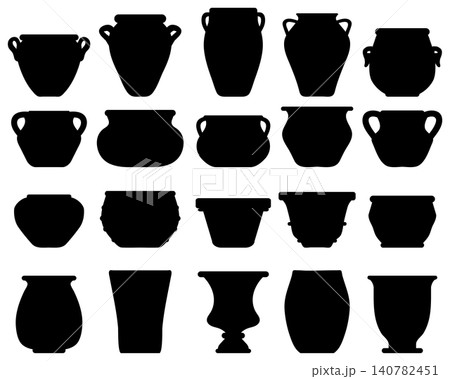 Black silhouettes of different pottery and flower pots 140782451