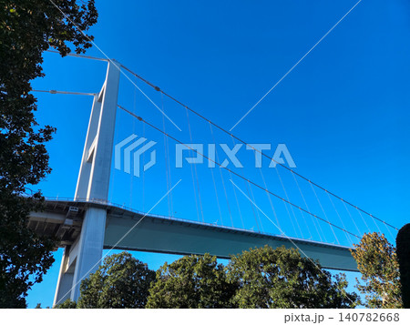 Suspension bridge against clear blue sky Suspension bridge against clear blue sky 140782668