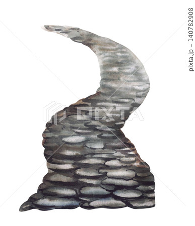 Curved stone pathway. Watercolor realistic hand painting of pebble rock path with grey stones. Illustration isolated on white background for Japanese gardens, zen landscapes, Asian nature park design. Curved stone pathway. Watercolor realistic hand painting of pebble rock path with grey stones. Illustration isolated on white background for Japanese gardens, zen landscapes, Asian nature park design. 140782908