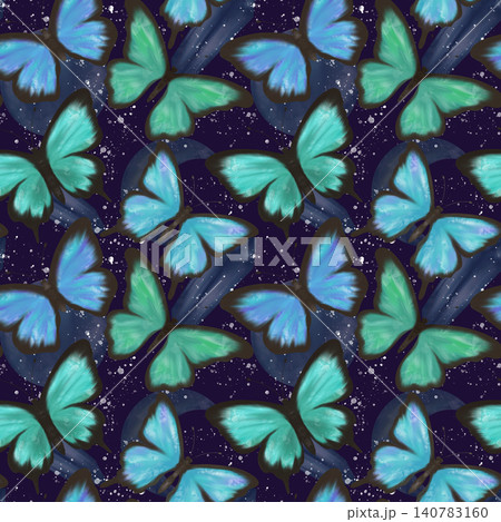 Delicate blue and green butterflies, full moon, crescent and magic crystal,splashes,seamless pattern Delicate blue and green butterflies, full moon, crescent and magic crystal,splashes,seamless pattern 140783160