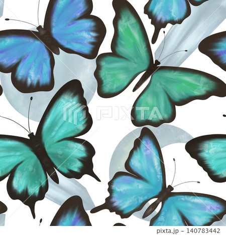 Delicate blue and green butterflies, full moon, crescent and magic crystal, seamless pattern 140783442