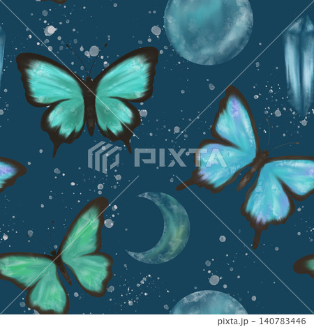 Delicate blue and green butterflies, full moon, crescent and magic crystal,splashes,seamless pattern Delicate blue and green butterflies, full moon, crescent and magic crystal,splashes,seamless pattern 140783446