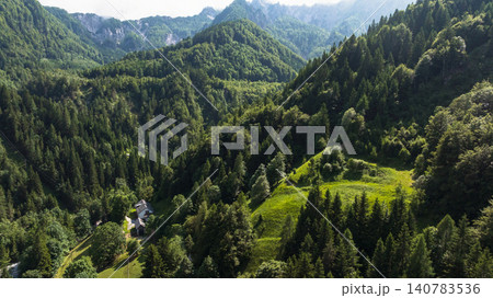 Aerial View Winding Alpine Road Green Valley Austria Village Aerial View Winding Alpine Road Green Valley Austria Village 140783536