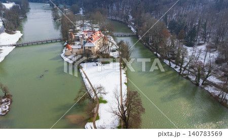 Winter Aerial View Otocec Castle Snow Island Slovenia Winter Aerial View Otocec Castle Snow Island Slovenia 140783569