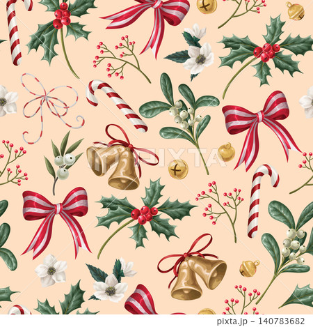 Christmas Flowers Seamless Pattern with Poinsettia Holly Botanical Bells Ribbons Festive Background Design Christmas Flowers Seamless Pattern with Poinsettia Holly Botanical Bells Ribbons Festive Background Design 140783682