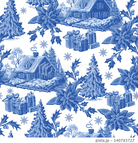 Vintage christmas toile baroque seamless winter cottage ribbon ornament pattern design Vintage christmas toile baroque seamless winter cottage ribbon ornament pattern design 140783727