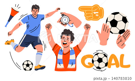 Set of flat cartoon football illustrations. Vector stickers for creating designs for matches, competitions, championships, leagues. Football player, fan, goal, hands, football equipment, whistle, ball 140783810