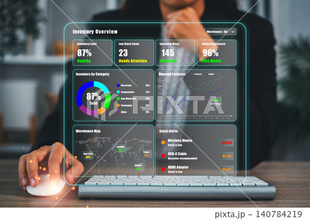 Visualize AI-powered inventory optimization with data analytics, charts, and forecasting tools for enhanced supply chain efficiency. 140784219