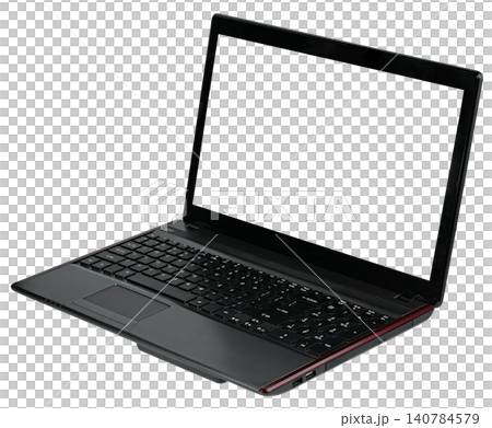 Professional black laptop with a blank white screen isolated. Angled perspective view of portable computer mockup for software or website display. Modern technology hardware. 140784579