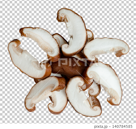 Top view of fresh sliced shiitake mushrooms arranged in a decorative circular pattern isolated. Edible brown fungi prepared for cooking, showcasing texture and cross-section. Top view of fresh sliced shiitake mushrooms arranged in a decorative circular pattern isolated. Edible brown fungi prepared for cooking, showcasing texture and cross-section. 140784585