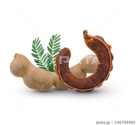Ripe tamarind pods fully matured, revealing their rich brown shell and naturally sweet-tangy flesh inside, beautifully harvested and ready to enjoy on white background. 140784985