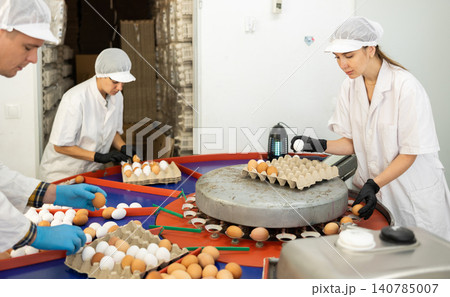 Two female farmer workers in uniform sorting and labeling chicken eggs on farm Two female farmer workers in uniform sorting and labeling chicken eggs on farm 140785007