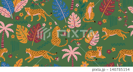 Vibrant seamless vector pattern featuring exotic jaguars, wild leopards, palm trees, and tropical monstera leaves on a lush green background. Vibrant seamless vector pattern featuring exotic jaguars, wild leopards, palm trees, and tropical monstera leaves on a lush green background. 140785154