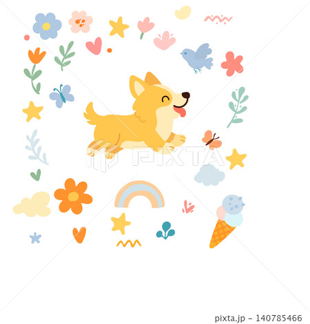 Seamless pattern with funny cartoon corgis dogs. Great for fabric, textile 140785466