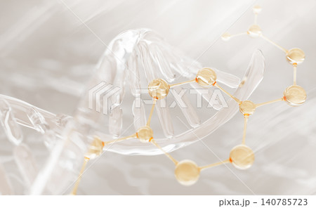 Transparent DNA helix strand structure with gold molecule. Bio cosmetic lab 3d background. Beauty oil, genetic serum with hyaluronic acid, collagen peptides. Biotech, skincare science. 3D Illustration Transparent DNA helix strand structure with gold molecule. Bio cosmetic lab 3d background. Beauty oil, genetic serum with hyaluronic acid, collagen peptides. Biotech, skincare science. 3D Illustration 140785723