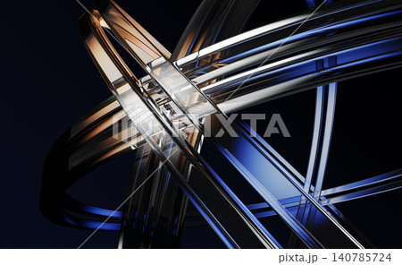 Abstract dark 3D background with neon glass circle lines. Transparent ribbons, crystal light holographic rings with blue gold gradient, speed motion effect. Futuristic tech, wallpaper. 3D illustration Abstract dark 3D background with neon glass circle lines. Transparent ribbons, crystal light holographic rings with blue gold gradient, speed motion effect. Futuristic tech, wallpaper. 3D illustration 140785724