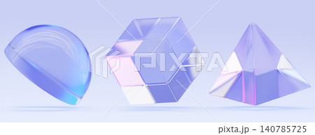 Hologram glass 3D shapes - hemisphere, cube and pyramid float on blue background. Crystal geometric figures with prismatic light refraction and vibrant purple pink chromatic gradient. 3D illustration 140785725