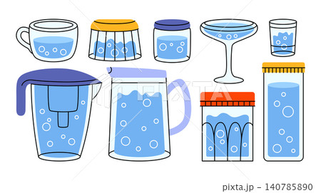 Set of illustrations of glass and plastic dishes with lids filled with liquid in a cartoon style. Cute stickers of various jars, glasses, containers, shakers, decanters, shot glasses, wine glasses. 140785890