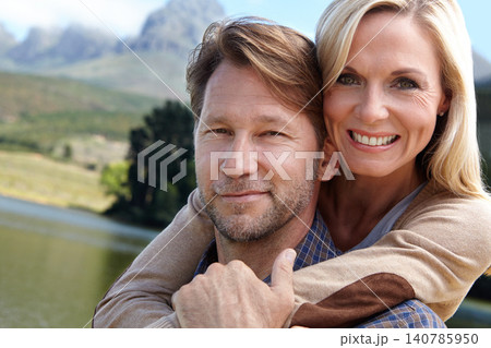 Nature, happy and portrait of couple at countryside for summer vacation, holiday and bonding by river. Man, woman and trees with lake for weekend adventure, travel and tourism together in Europe Nature, happy and portrait of couple at countryside for summer vacation, holiday and bonding by river. Man, woman and trees with lake for weekend adventure, travel and tourism together in Europe 140785950