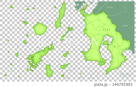「鹿児島県」立体感のある日本の地図シリーズ。（隣県、市町村、白地図）KAGOSHIMA, JAPAN 140785983