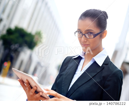 City, business and woman with tablet, portrait and accountant with digital and entrepreneur. Finance, corporate and professional with tech and website information with connection, app and trading 140786222
