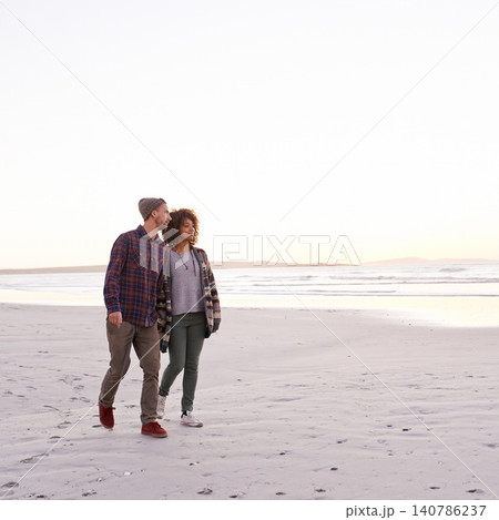 Couple, beach and walking together in nature, happy calm people on vacation. Ocean, outdoor and partners in love with respect and care, date and romantic stroll for relax with seaside sunrise Couple, beach and walking together in nature, happy calm people on vacation. Ocean, outdoor and partners in love with respect and care, date and romantic stroll for relax with seaside sunrise 140786237