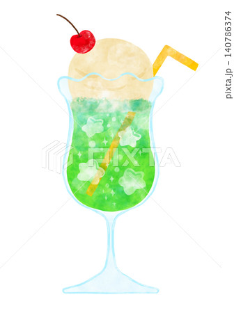 水彩風のクリームソーダ メロンソーダ ストロー付き 星型の氷 レトロ喫茶 イラスト 水彩風のクリームソーダ メロンソーダ ストロー付き 星型の氷 レトロ喫茶 イラスト 140786374