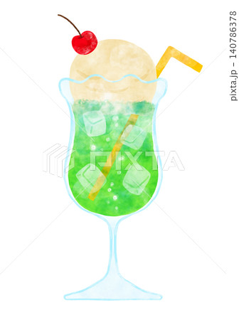 水彩風 クリームソーダ メロンソーダ ストロー付き レトロ喫茶 イラスト 140786378