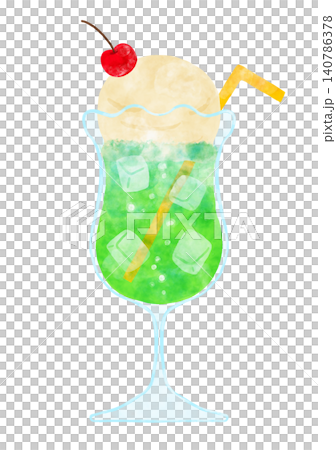 水彩風 クリームソーダ メロンソーダ ストロー付き レトロ喫茶 イラスト 140786378