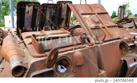 Rusty and burned-out armored vehicles on ukrainian territory. Exhibition of destroyed military equipment of the russian army. War between Ukraine and russia. Close up Slow motion 140786568