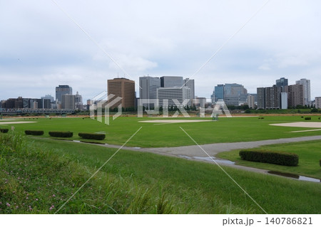 初夏の多摩川河川敷、広がる緑と川崎の都市風景 140786821