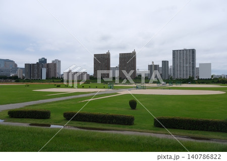 初夏の多摩川河川敷、広がる緑と都会のビル群 初夏の多摩川河川敷、広がる緑と都会のビル群 140786822