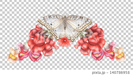 Watercolor White Peacock butterfly and red snapdragon flowers composition. Hand drawn flying insect with dragon mouth illustration. Floral design for wedding invitation card or greeting poster art. Watercolor White Peacock butterfly and red snapdragon flowers composition. Hand drawn flying insect with dragon mouth illustration. Floral design for wedding invitation card or greeting poster art. 140786958