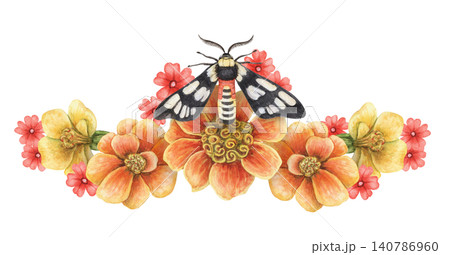 Watercolor Wasp Moth and French Marigold flower composition. Hand drawn flying butterfly with tagetes patula summer illustration. Floral design for vintage invitation card or greeting poster art. Watercolor Wasp Moth and French Marigold flower composition. Hand drawn flying butterfly with tagetes patula summer illustration. Floral design for vintage invitation card or greeting poster art. 140786960