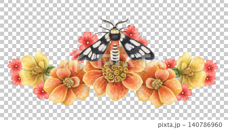 Watercolor Wasp Moth and French Marigold flower composition. Hand drawn flying butterfly with tagetes patula summer illustration. Floral design for vintage invitation card or greeting poster art. Watercolor Wasp Moth and French Marigold flower composition. Hand drawn flying butterfly with tagetes patula summer illustration. Floral design for vintage invitation card or greeting poster art. 140786960