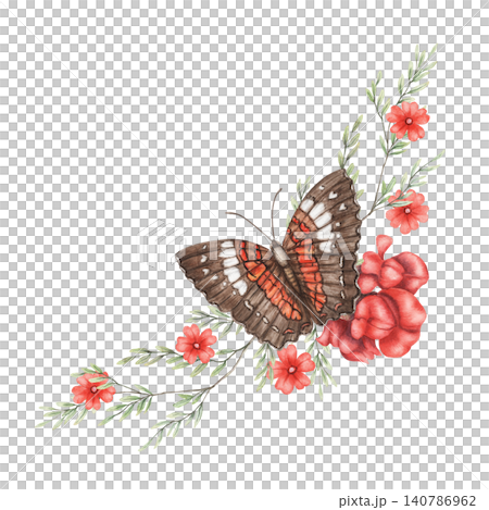 Watercolor Scarlet Peacock butterfly and red snapdragon flowers composition. Hand drawn flying insect with vibrant plant illustration. Floral design for wedding invitation card or greeting poster art. Watercolor Scarlet Peacock butterfly and red snapdragon flowers composition. Hand drawn flying insect with vibrant plant illustration. Floral design for wedding invitation card or greeting poster art. 140786962