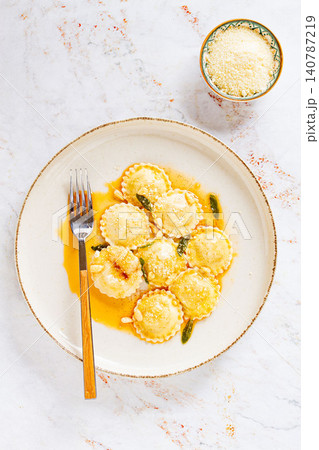 ravioli with butter and sage, Italian dish, top view, no people, ravioli with butter and sage, Italian dish, top view, no people, 140787219