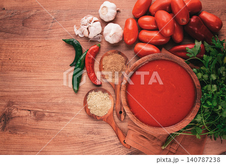 Georgian sauce, Satsebeli sauce, tomato and sweet pepper sauce, with spices, in a wooden bowl, homemade, no people, Georgian sauce, Satsebeli sauce, tomato and sweet pepper sauce, with spices, in a wooden bowl, homemade, no people, 140787238