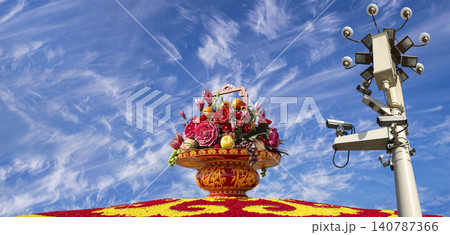 Street lamp and huge flower basket (against the background of a beautiful sky with clouds) in Tiananmen square, Beijing, China Street lamp and huge flower basket (against the background of a beautiful sky with clouds) in Tiananmen square, Beijing, China 140787366