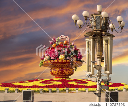 Street lamp and huge flower basket (against the sunset) in Tiananmen square, Beijing, China 140787398
