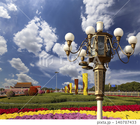 Street lamp on Tiananmen Square in Beijing, China (against the background of a beautiful sky with clouds) 140787433
